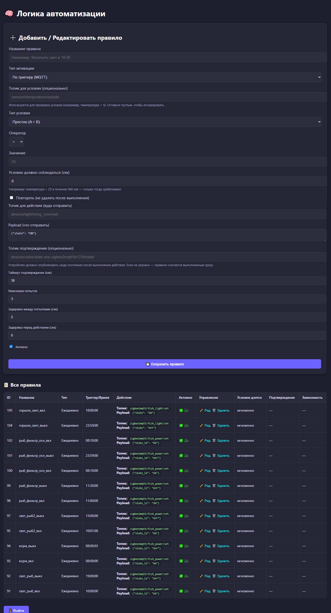 Сделал возможность редактирования правил автоматизации в веб-интерфейсе IoT на Raspberry Pi